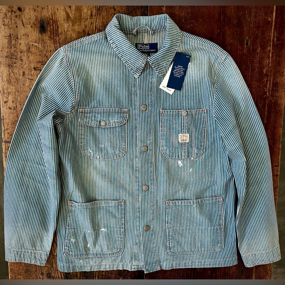 Polo by Ralph Lauren Blue and White Striped paint Splatter Shirt Jacket